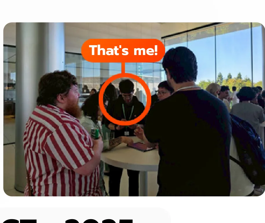 Jean, circled, talking with an Apple engineer at Apple Park