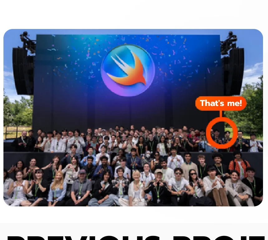 Winners watching the WWDC26 keynote live on the big screen at Apple Park, Jean circled in the crowd