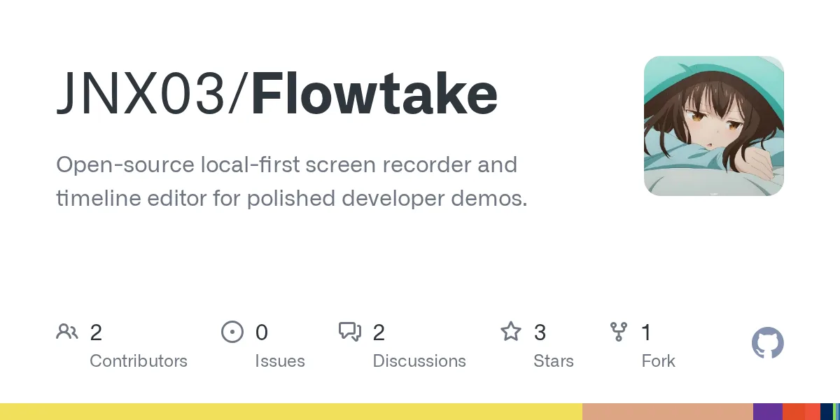 GitHub repository card for JNX03/Flowtake, an open-source local-first screen recorder and timeline editor