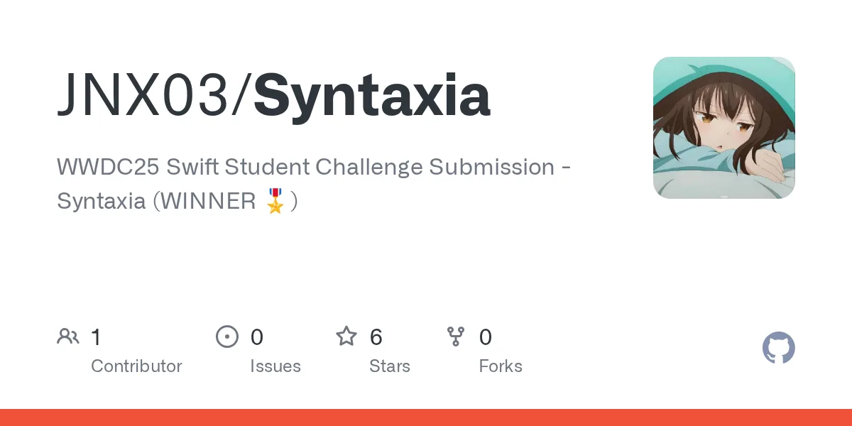 GitHub repository card for JNX03/Syntaxia, the WWDC25 Swift Student Challenge winning submission